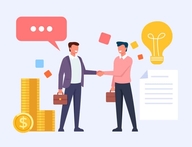 Two business man office workers people characters shaking hands