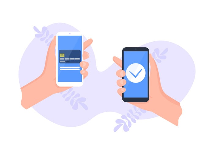Two hand with phone and card pay stock illustration