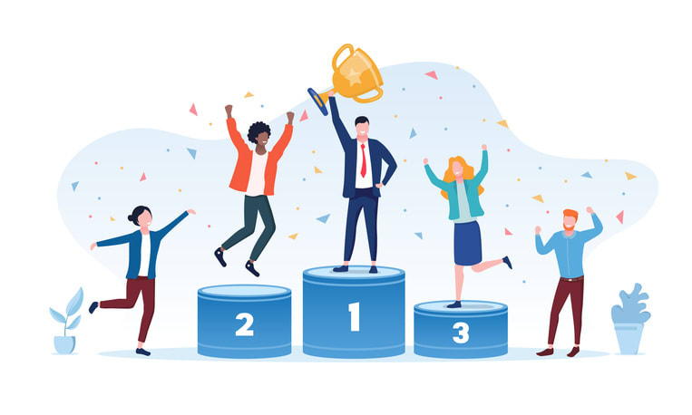 Victory concept with winner holding gold cup stock illustration