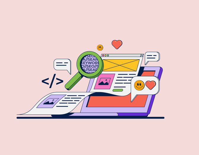 Web development concept illustration with computer and coding and SEO or marketing graphic elements and symbols