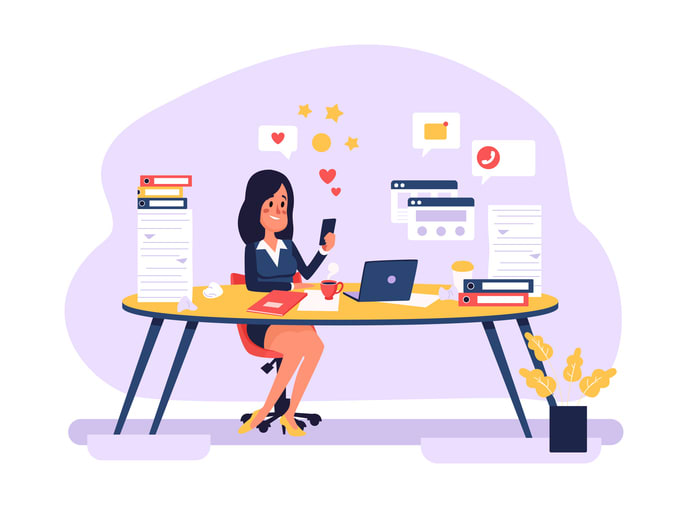 Woman employee sitting at workplace and surfing social media in smartphone