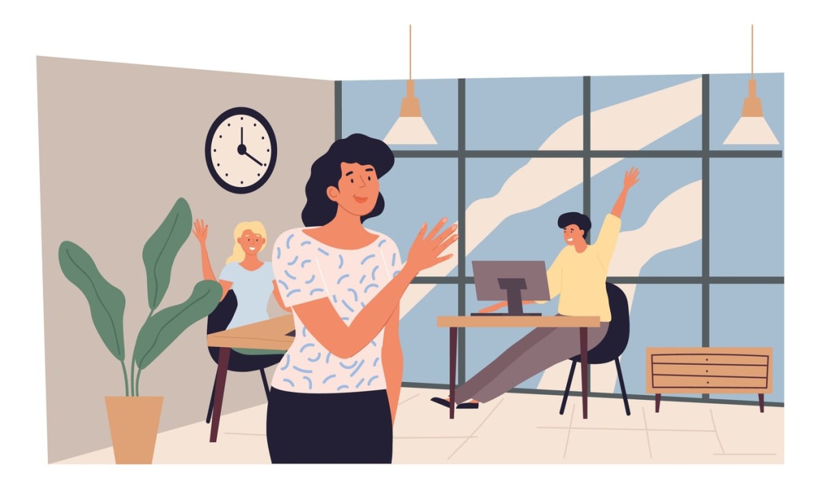 woman leaving office and saying goodbye to colleagues