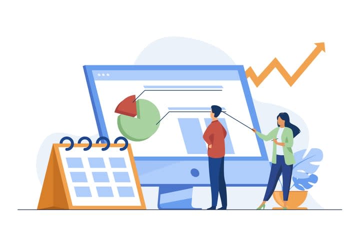 Young tiny analysts preparing monthly report stock illustration